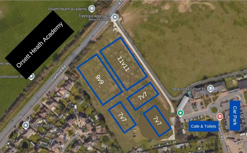Aerial map of the Treetops pitches with one 11v11, one 9v9 and three 7v7 pitches marked